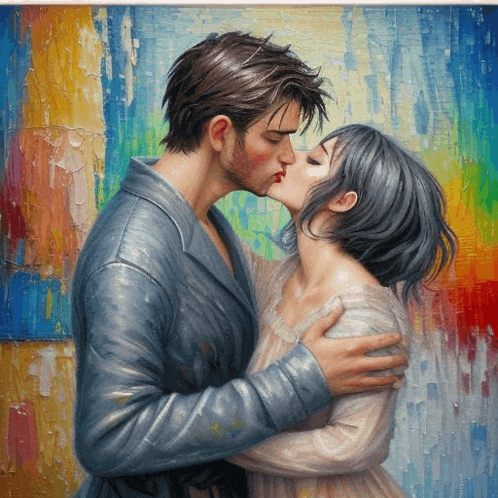 a painting of a man and woman kissing with a rainbow background
