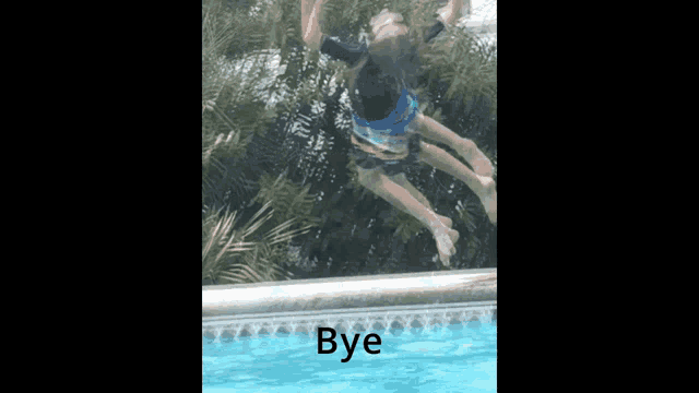 a picture of a person jumping into a pool with the words bye below