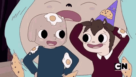 two cartoon characters are standing next to each other with cn written on the bottom right