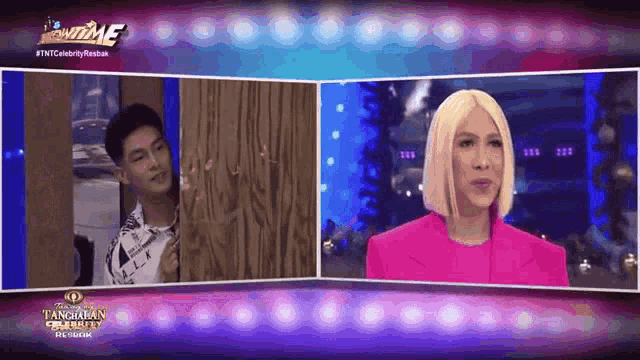a man and a woman are talking on a show called showtime