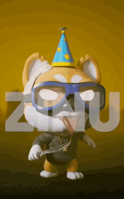 a cartoon dog wearing a party hat and sunglasses is holding a knife
