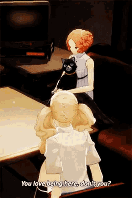 a woman is sitting at a table holding a black cat and talking to another woman who is holding a black cat .