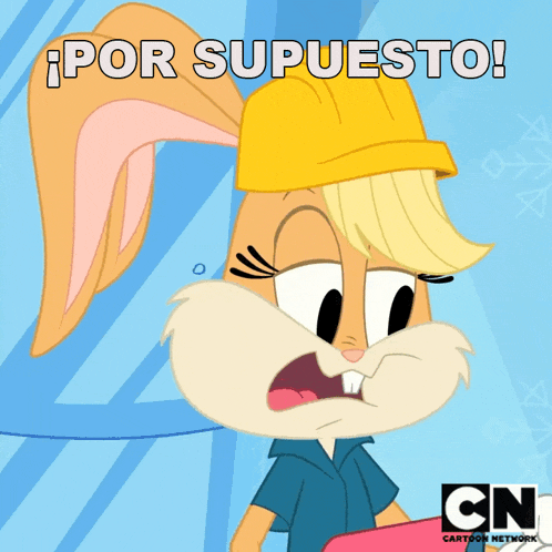 a cartoon of a bunny wearing a hard hat with the words por supuesto below her