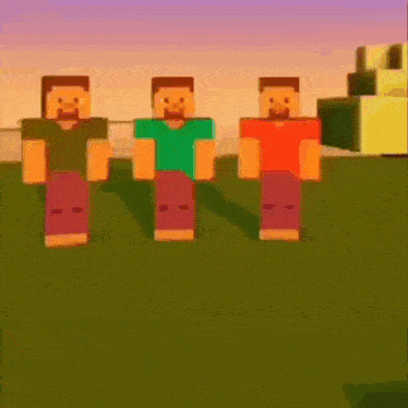 three minecraft characters are standing next to each other in a field