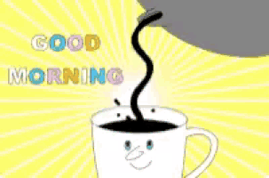 a cartoon of a cup of coffee with the words good morning written on it