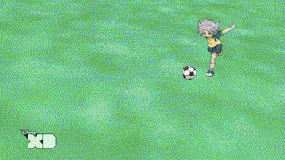 a cartoon of a boy kicking a soccer ball with the disney xd logo in the corner