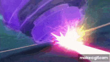 a purple object is being thrown in the air with a rainbow of colors coming out of it .