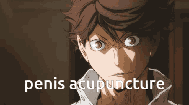 a close up of a person with the words penis acupuncture on the bottom