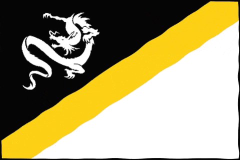 a black yellow and white flag with a white dragon on it