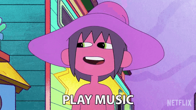 a cartoon character with a purple hat and the words play music