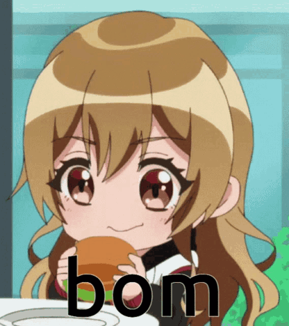 a cartoon girl is eating a hamburger and the word bom is above her head