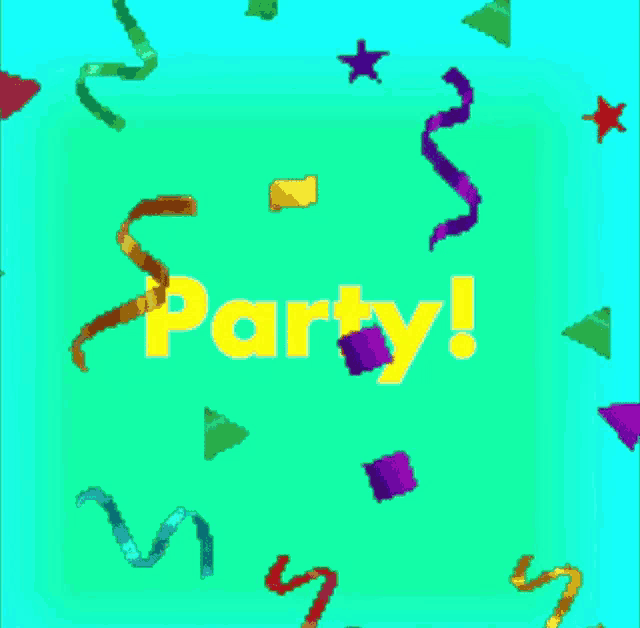 the word party is on a green background with colorful confetti