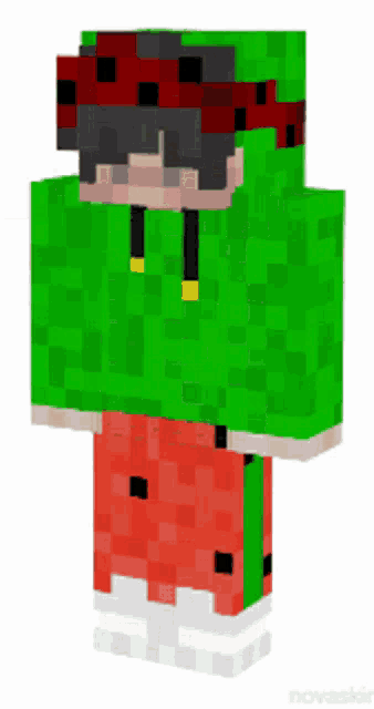 a minecraft character is wearing a green hoodie and watermelon pants