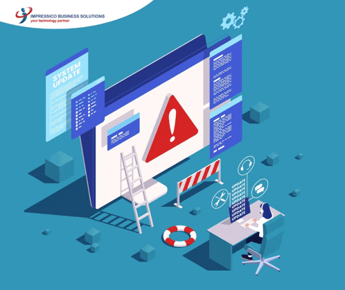 an advertisement for impressico business solutions shows a computer screen with a red warning sign on it