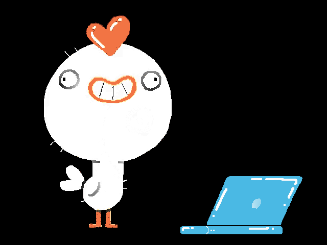a cartoon chicken looking at a blue laptop