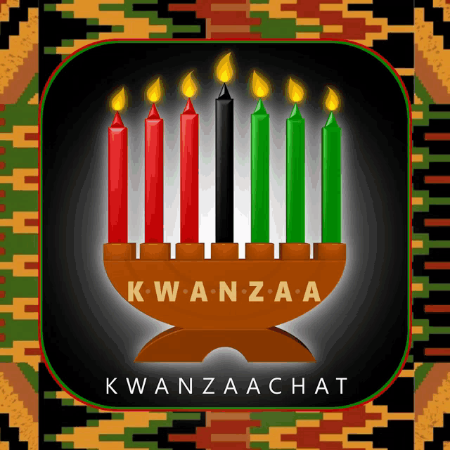 a poster for kwanzaa chat with candles in a wooden candle holder