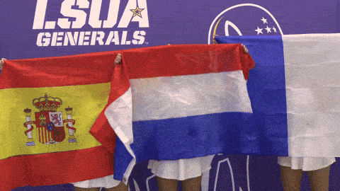 three people hold flags in front of a sign that says lsu generals