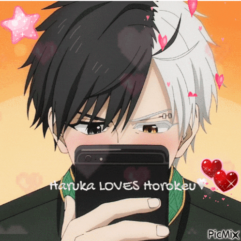 a drawing of a man taking a selfie with the words " haruka loves horoku " written below him