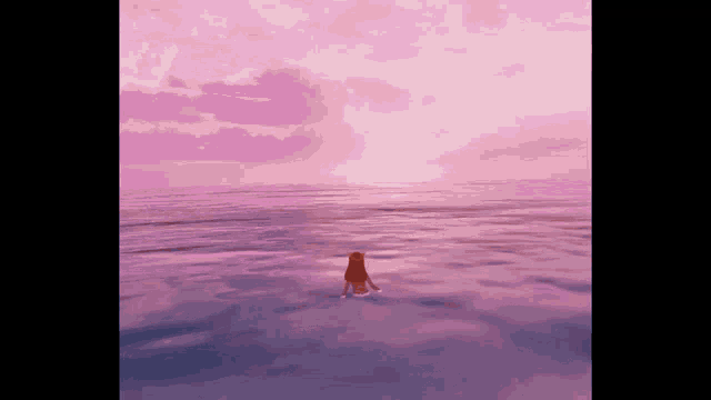a girl is standing in the middle of the ocean at sunset