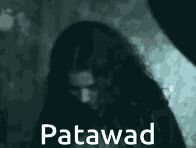 a man with long hair is standing in a dark room and the word patawad is on the bottom
