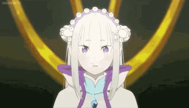 emilia from re zero starting life in another world is wearing a purple headband and a necklace .