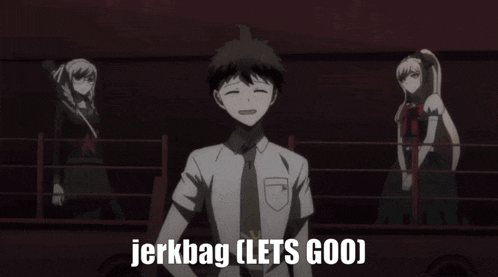 a man in a suit and tie stands in front of two girls and says jerkbag let 's goo