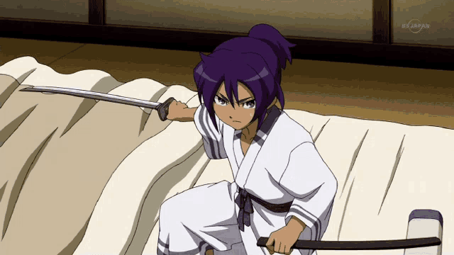 a boy with purple hair is holding a sword in front of a tv screen which says bs japan