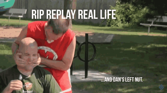 a woman covering a man 's mouth with her hands with the caption " rip replay real life "