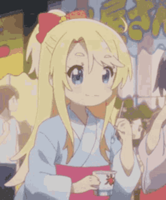 a blonde anime girl in a kimono is holding a cup of ice cream and a lollipop .