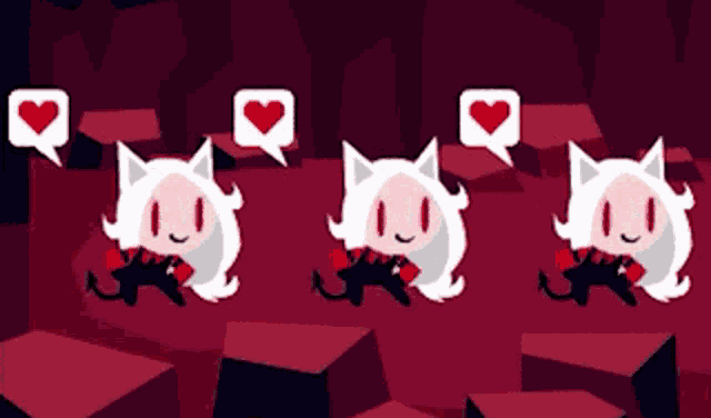 three cartoon characters with speech bubbles and hearts on their faces