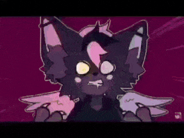 a cartoon character with wings on a pink background is making a funny face .