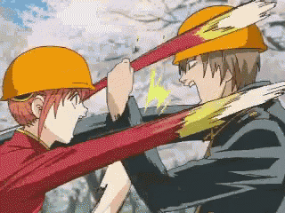 a man and a woman in hard hats are fighting