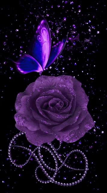 a purple rose with a butterfly and pearls on it