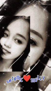 a black and white photo of a girl with the name satamuc melly