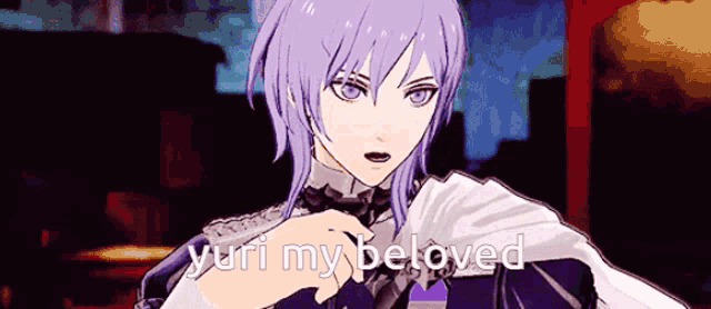 a purple haired anime character with the words yuri my beloved