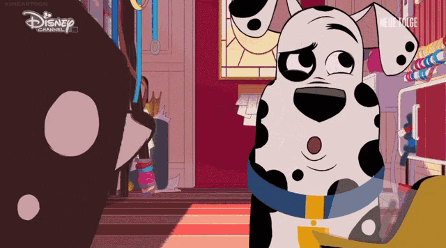 a dalmatian dog is standing in front of a disney channel ad