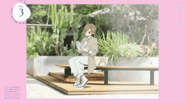 a girl is sitting on a bench reading a book with the number 3 on the bottom right