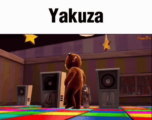 a teddy bear is dancing on a colorful dance floor with the words yakuza above it