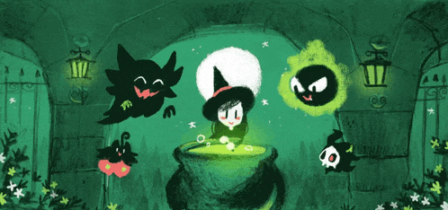 a cartoon drawing of a witch in a cauldron