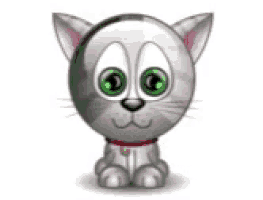 a cartoon cat with green eyes and a red collar is sitting down