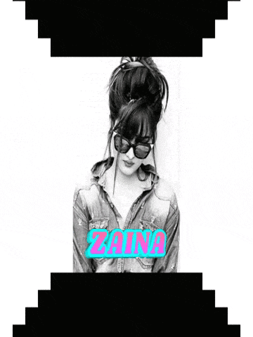 a black and white photo of a woman with the name zaina on the bottom right
