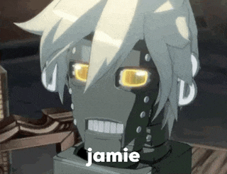 a cartoon character with a robot head and the word jamie on it