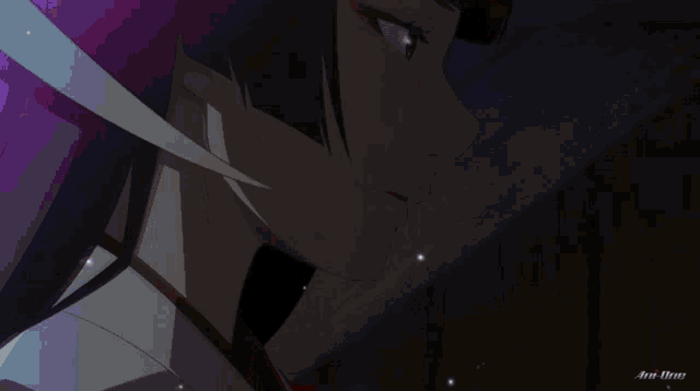 a woman with purple hair and blue eyes is shown in a dark room with the word art on the bottom