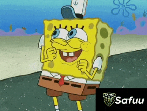 a cartoon of spongebob is standing on a beach and smiling