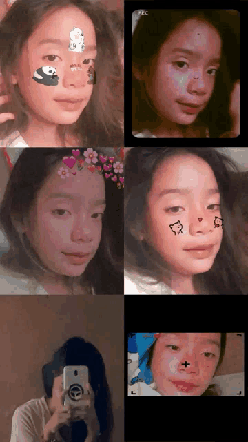 a girl with a panda on her face is taking a picture of herself in a mirror