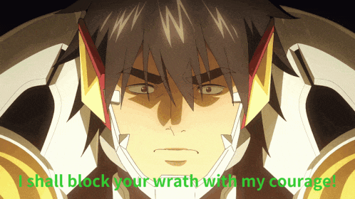 a cartoon character with the words i shall block your wrath with my courage on the bottom
