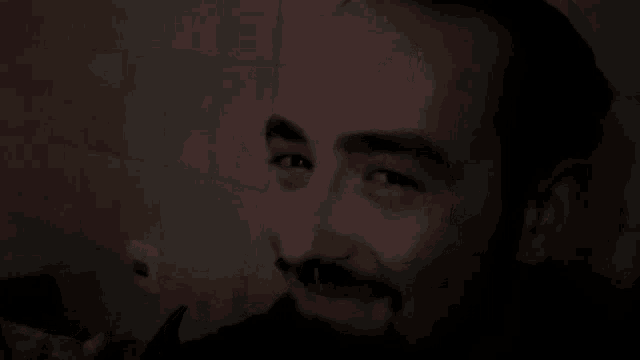 a man with a beard is standing in a dark room looking at something .