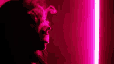 a woman is smoking a cigarette in a dark room in front of a pink neon light .