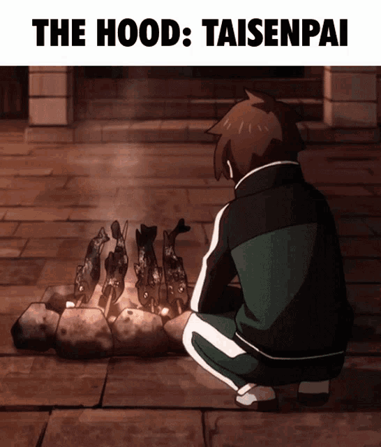 a cartoon of a man kneeling in front of a fire with the words the hood taisenpai above him