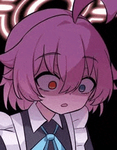 a cartoon girl with pink hair and blue eyes is wearing a maid outfit and making a funny face .